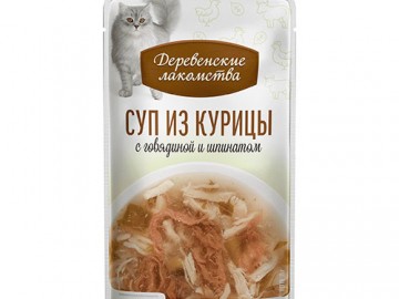 Деревенские лакомства - Лакомство для кошек Суп из курицы с говядиной и шпинатом, 35 г (штучно)