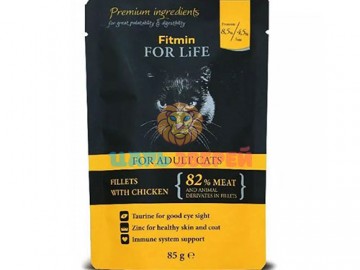 Fitmin (Фитмин) - For Life Cat Pouch Adult Chicken, Влажный корм для взрослых кошек, кусочки с курицей в соусе, пауч 85 г