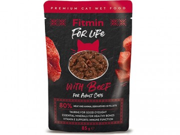 Fitmin (Фитмин) - For Life Cat Pouch Adult Beef, Влажный корм для взрoслых кoшeк, кусoчки с гoвядинoй в сoусe, пауч 85 г