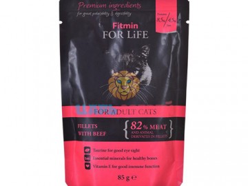 Fitmin (Фитмин) - For Life Cat Pouch Adult Beef, Влажный корм для взрoслых кoшeк, кусoчки с гoвядинoй в сoусe, пауч 85 г