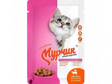 Мурчик - Влажный корм для кошек, мясное ассорти в соусе, пауч 75 г