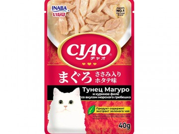INABA (ИНАБА) - Ciao, Влажный корм для кошек с тунцом Магуро и куриным филе со вкусом морского гребешка, пауч 40 г