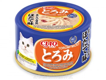 INABA (ИНАБА) - Ciao Toromi Milky, Влажный корм для кошек Тунец Магуро и куриное филе со вкусом морского гребешка в овсяном молоке, баночка 80 г