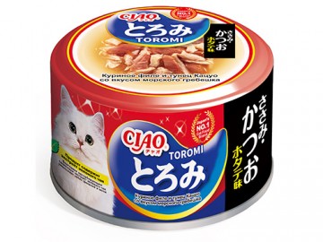 INABA (ИНАБА) - Ciao Toromi, Влажный корм для кошек с куриным филе, тунцом Кацуо, со вкусом морского гребешка в бульоне, баночка 80 г