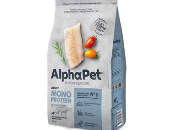 AlphaPet (АльфаПет) - Superpremium Monoprotein, Сухой корм для взрослых собак мелких пород с белой рыбой, 1,5 кг