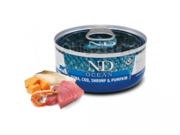 Farmina N&D (Эн Дэ) - Cat Ocean Tuna, Cod, Shrimp & Pumpkin Kitten, Влажный корм для котят с тунцом, треской, креветками и тыквой, баночка 70 г