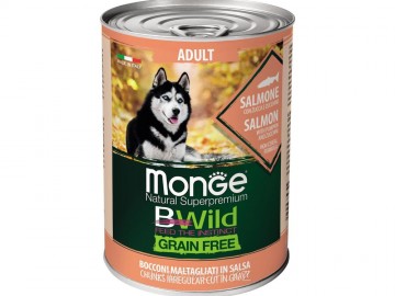 Monge (Монже) - Bwild Grain Free Salmon with pumpkin and zucchini, Беззерновой влажный корм для взрослых собак, с кусочками лосося, тыквы, цукини, банка 400 г