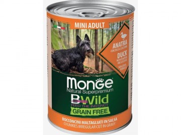 Monge (Монже) - Mini Adult, Bwild Grain Free Duck with pumpkin and zucchini, Беззерновой влажный корм для собак мелких пород, с кусочками утки, тыквы, цукини, банка 400 г