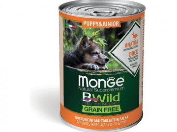 Monge (Монже) - Bwild Grain Free Puppy&Junior, Duck with pumpkin and zucchini, Беззерновой влажный корм для щенков с кусочками утки, тыквы, цукини, банка 400 г