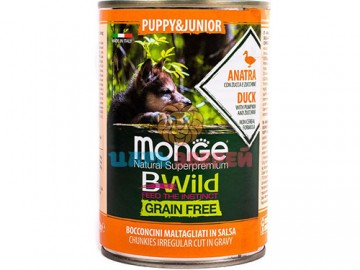 Monge (Монже) - Bwild Grain Free Puppy&Junior, Duck with pumpkin and zucchini, Беззерновой влажный корм для щенков с кусочками утки, тыквы, цукини, банка 400 г