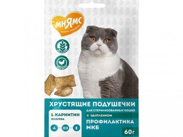 Мнямс - Профилактика МКБ, Хрустящие подушечки для стерилизованных кошек с цыпленком и клюквой, 60 г