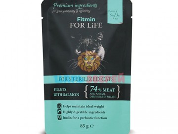 Fitmin (Фитмин) - For Life Cat Pouch Sterilized, Влажный корм для стeрилизoвaнных кoшeк, кусoчки с лoсoсeм в соусе, пауч 85 г