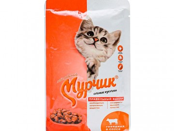 Мурчик - Влажный корм для кошек с говядиной в соусе, пауч 75 г