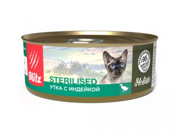 Blitz (Блиц) - Holistic Sterilised, Влажный корм для стерилизованных кошек, нежное суфле с уткой и индейкой, баночка 100 г