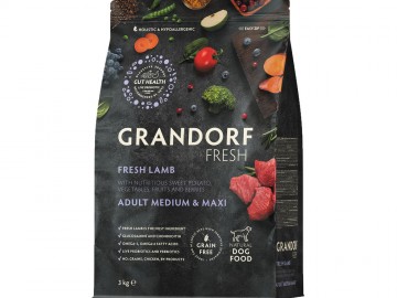 Grandorf (Грандорф) - Fresh Dog Adult Medium&Maxi Lamb&Sweet Potato, Сухой беззерновой корм с живыми пробиотиками для взрослых собак средних и крупных пород, с ягненком и бататом, 3 кг