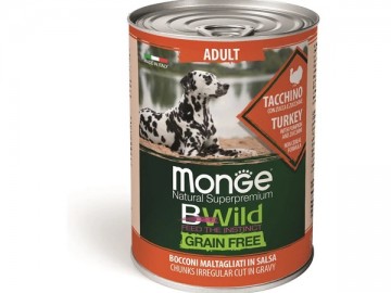Monge (Монже) - Bwild Grain Free Turkey with pumpkin and zucchini, Беззерновой влажный корм для взрослых собак, с кусочками индейки, тыквы, цукини, банка 400 г