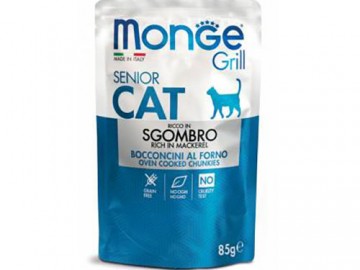 Monge (Монже) - CAT GRILL SENIOR RICH IN MACKEREL, влажный корм для пожилых кошек кусочки с эквадорской макрелью в желе, пауч 85 г