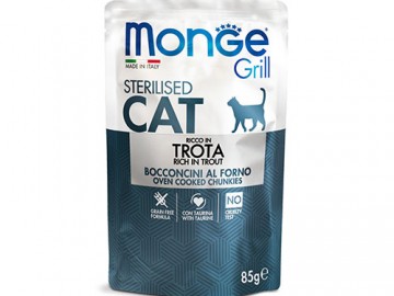 Monge (Монже) - CAT GRILL STERILISED RICH IN TROUT, влажный корм для стерилизованных кошек кусочки с форелью в желе, пауч 85 г