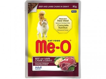 ME-O (МЕ-О) - Корм для взрослых кошек, со вкусом говядины и ягненка в соусе, 80 г пауч