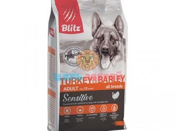 Blitz (Блиц) - Sensitive Adult Dog All Breeds, Сухой корм для собак всех пород, с индейкой и ячменём, 15 кг