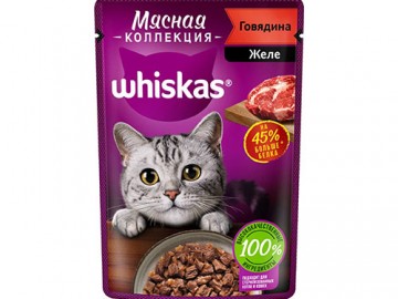 Whiskas (Вискас) - Мясная коллекция, Влажный корм для кошек желе с говядиной, пауч 75 г