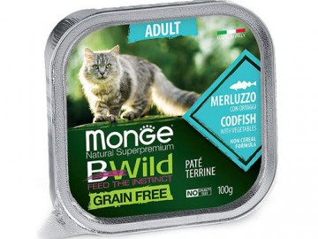 Monge (Монже) - BWild Grain Free, Беззерновой влажный корм для кошек с треской и овощами, ламистер 100 г