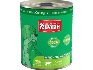 Четвероногий Гурман - Мясное ассорти с рубцом для собак, баночка 340 г