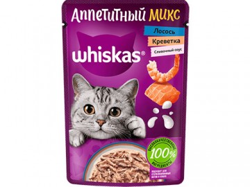 Whiskas (Вискас) - Аппетитный микс, Влажный корм для кошек с лососем и креветками в сливочный соусе, 75 г