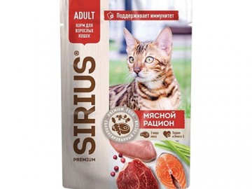 SIRIUS (СИРИУС) - Влажный корм для взрослых кошек, мясной рацион, пауч 85 г