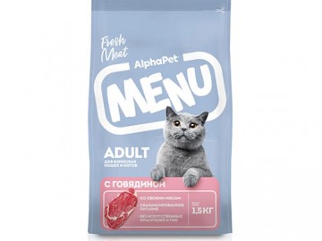 AlphaPet (АльфаПет) - MENU, Сухой корм для взрослых кошек с говядиной, 1,5 кг