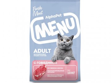 AlphaPet (АльфаПет) - MENU, Сухой корм для взрослых кошек с говядиной, 10 кг