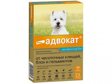 Bayer (Баер) - Адвокат, Капли от клещей и блох, чесоточных клещей и гельминтов 4-10 кг для собак, 1 пипетка