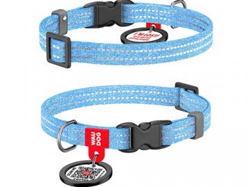 COLLAR (Коллар) -WAUDOG Re-cotton, Ошейник для котов и мелких пород собак с QR паспортом, светоотражающий, пластиковый фастекс, ш 10 мм, голубой