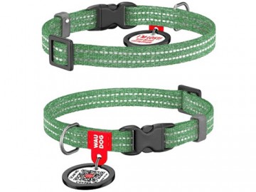 COLLAR (Коллар) -WAUDOG Re-cotton, Ошейник для котов и мелких пород собак с QR паспортом, светоотражающий, пластиковый фастекс, ш 10 мм, зеленый
