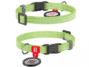 COLLAR (Коллар) -WAUDOG Re-cotton, Ошейник для котов и мелких пород собак с QR паспортом, светоотражающий, пластиковый фастекс, ш 10 мм, салатовый