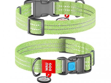 COLLAR (Коллар) - WAUDOG Re-cotton, Ошейник с QR паспортом, светоотражающий, пластиковый фастекс, ш 15 мм, дл 25-35 см, салатовый