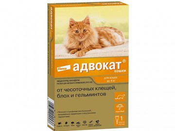 Bayer (Байер) - Адвокат, Капли на холку от блох, чесоточных клещей и круглых гельминтов для кошек и хорьков весом до 4 кг, 1 пипетка