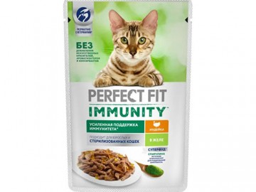 Perfect Fit (Перфект Фит) - Влажный корм для поддержания иммунитета кошек, с индейкой и спирулиной в желе, пауч 75 г