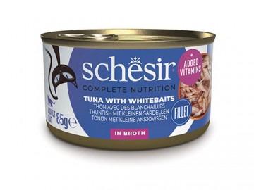 Schesir (Шезир) - Tuna with Whitebaits in broth, Влажный корм для кошек с тунцом и мальком в бульоне, баночка 85 г