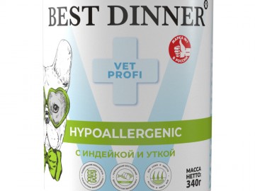 Best Dinner (Бест Диннер) - Exclusive Hypoallergenic, Влажный корм для собак при проблемах пищеварения, с индейкой и уткой, банка 340 г