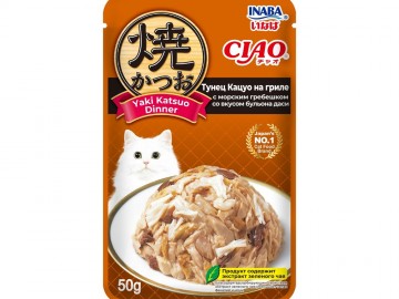INABA (ИНАБА) - Ciao Yaki Katsuo Dinner, Влажный корм для кошек, Тунец Кацуо на гриле с морским гребешком со вкусом бульона даси, пауч 50 г