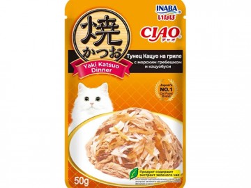 INABA (ИНАБА) - Ciao Yaki Katsuo Dinner, Влажный корм для кошек, Тунец Кацуо на гриле с морским гребешком и кацуобуси, пауч 50 г