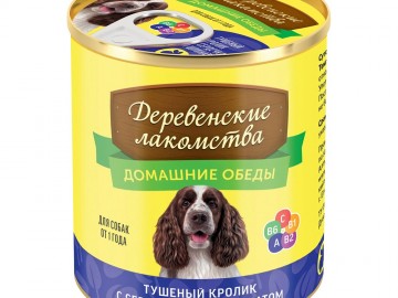 Деревенские лакомства - Домашние обеды, Влажный корм для собак, Тушеный кролик с сердечками и шпинатом, банка 240 г